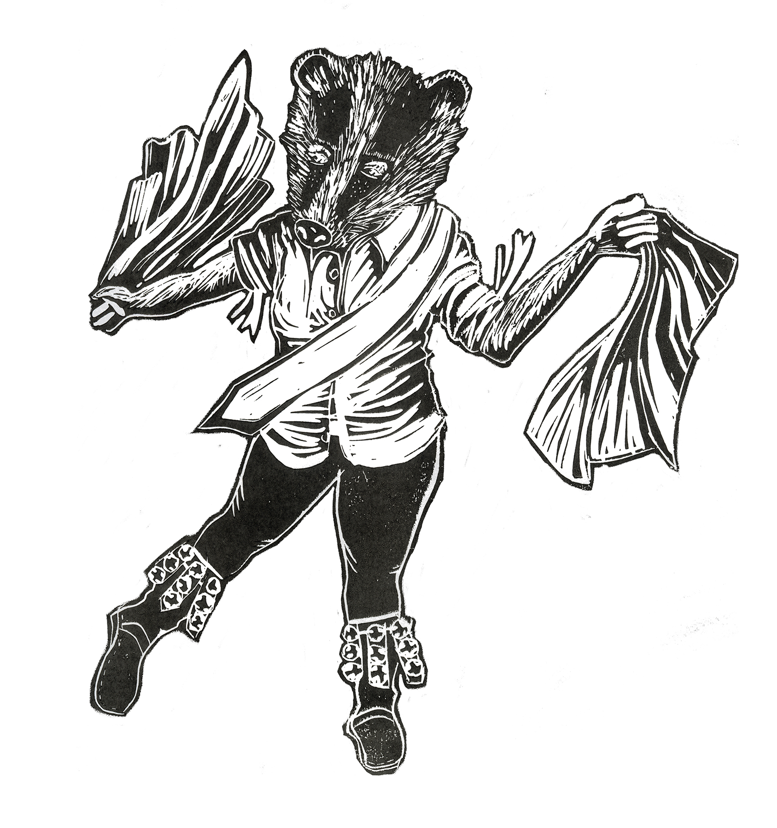 A badger morris dancer lino print